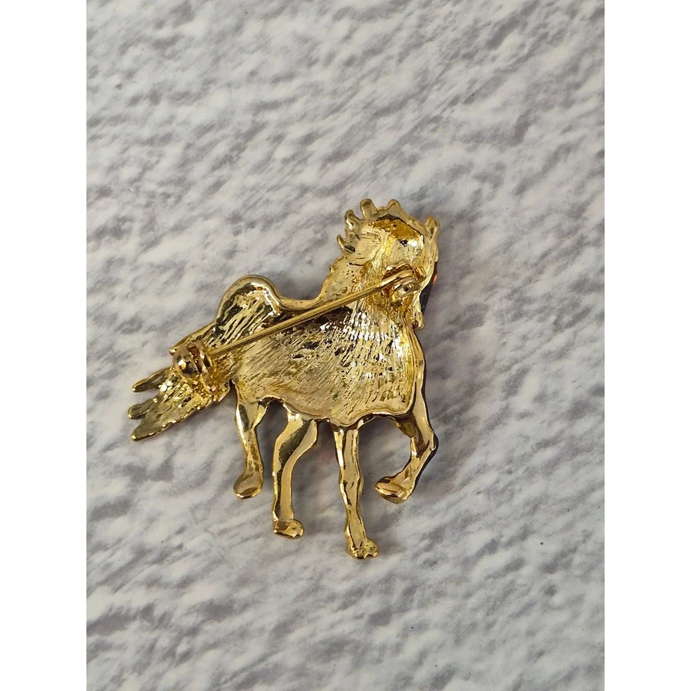 Vintage Enamel Horse Brooch Amber Gold Tone Equestrian Pin Accessory Glossy